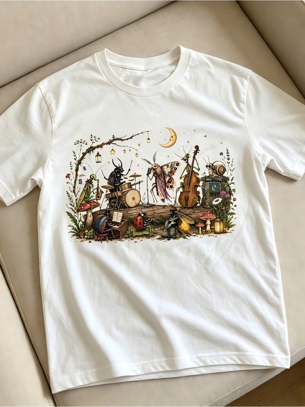 White with Whimsical Insect Band Illustration Womens Mens T-shirt Unisex
